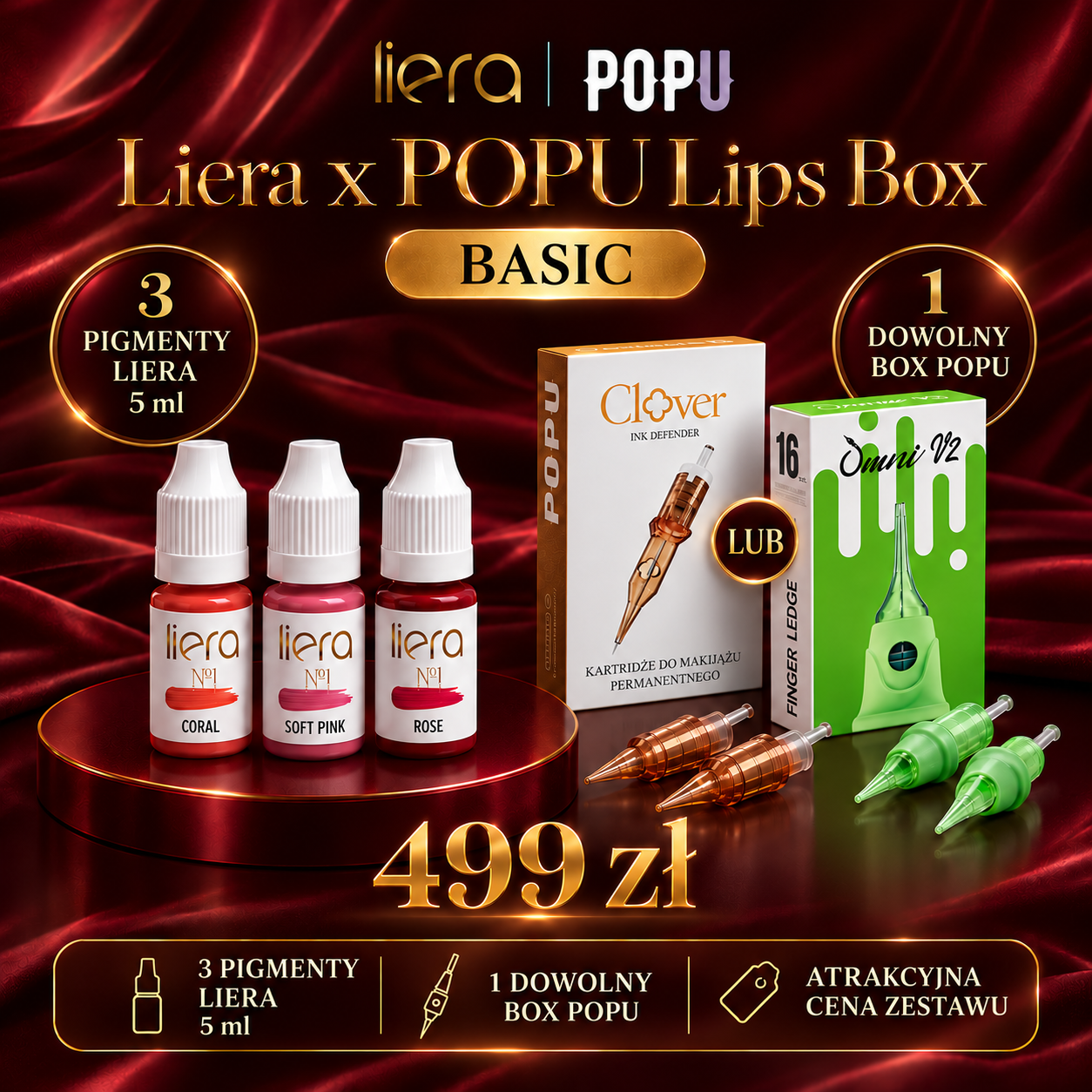Liera × POPU Lips Box Basic – 3 pigmenty do ust i kartridże PMU Liera POPU Lips Box Basic – zestaw 3 pigmentów Liera do makijażu permanentnego ust po 5 ml oraz dowolny box kartridży POPU