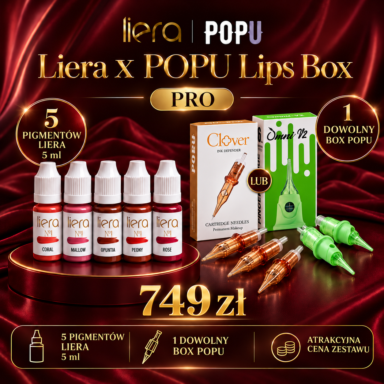 Liera × POPU Lips Box Pro – 5 pigmentów do ust i kartridże PMU Liera POPU Lips Box Pro – zestaw 5 pigmentów Liera do makijażu permanentnego ust po 5 ml oraz dowolny box kartridży POPU