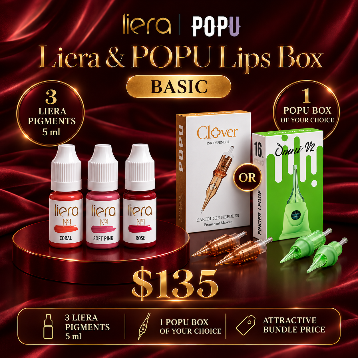Liera POPU Lips Box Basic – 3 Lip Pigments and PMU Cartridges Liera POPU Lips Box Basic with 3 professional lip PMU pigments 5 ml each and one full box of POPU needle cartridges
