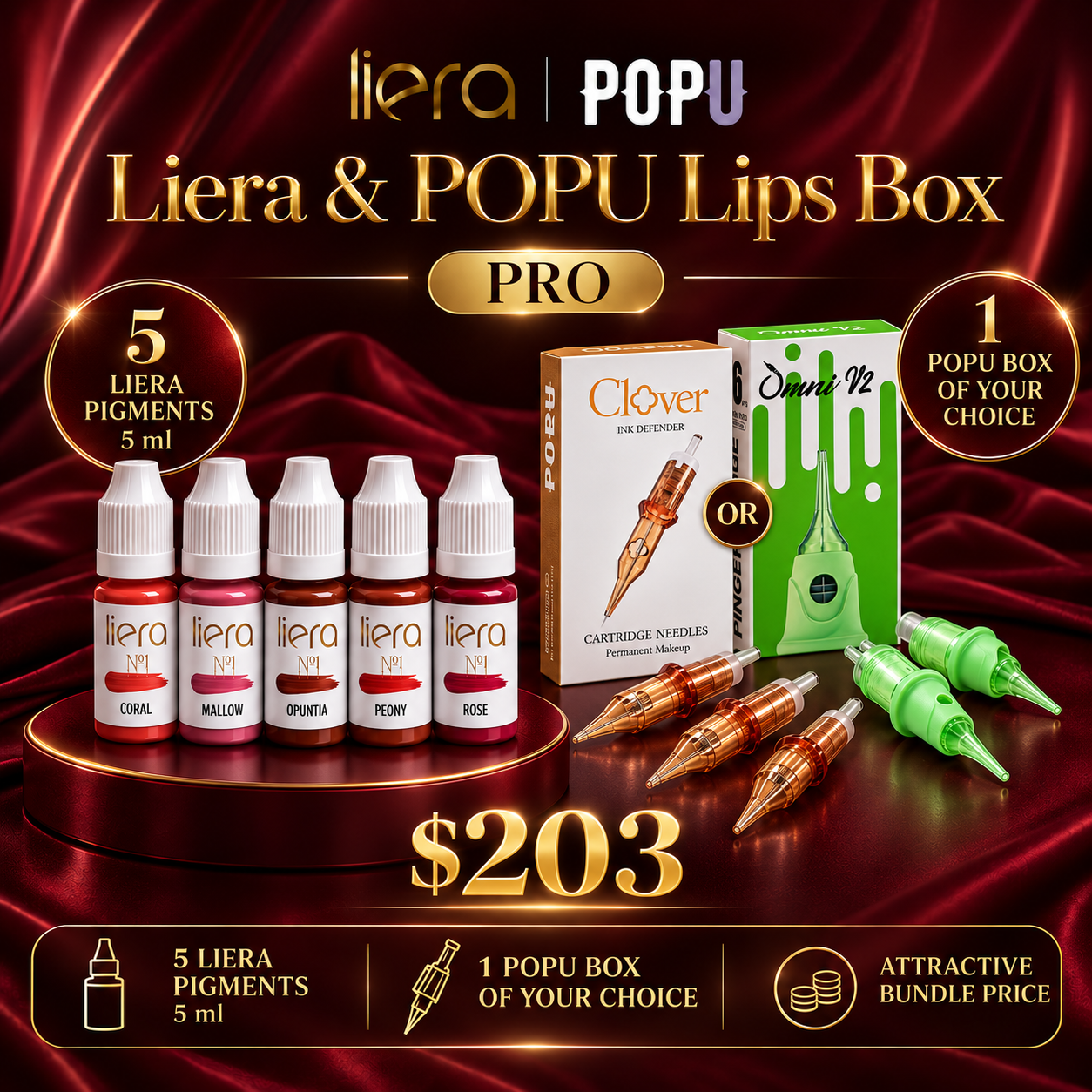 Liera POPU Lips Box Pro – 5 Lip Pigments and PMU Cartridges Liera POPU Lips Box Pro with 5 professional lip PMU pigments 5 ml each and one full box of POPU needle cartridges