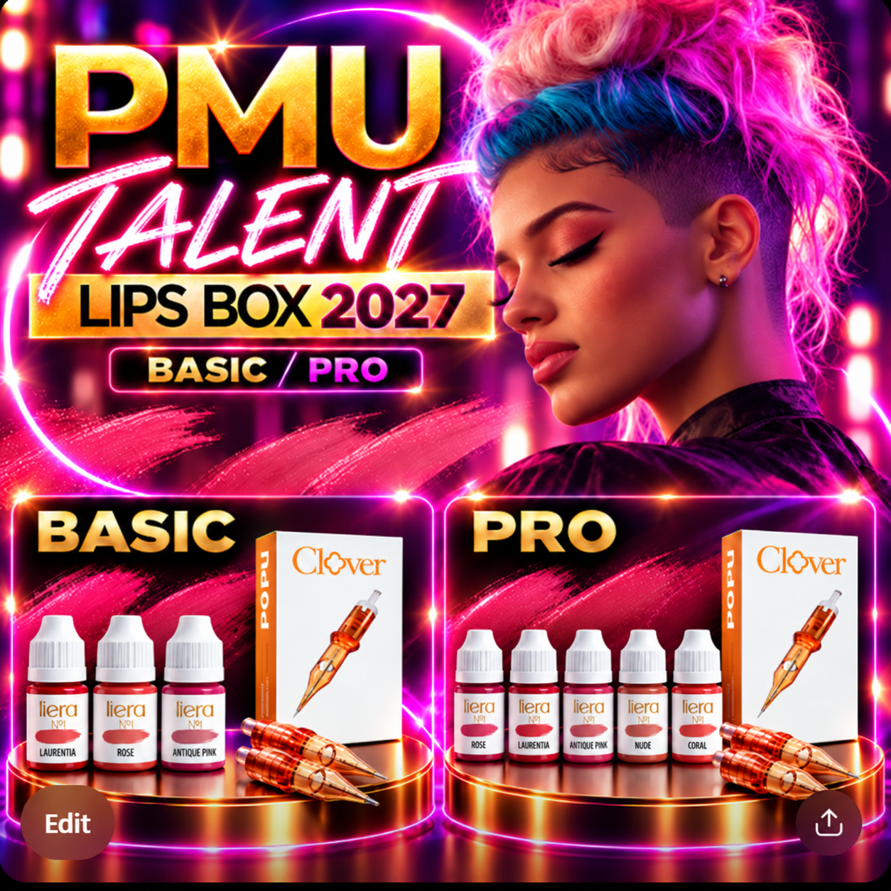 PMU Talent Lips Box 2027 – Basic mit 3 Pigmenten oder Premium mit 5 Pigmenten, jeweils mit POPU Cartridges und 5 Augenbrauentrimmern