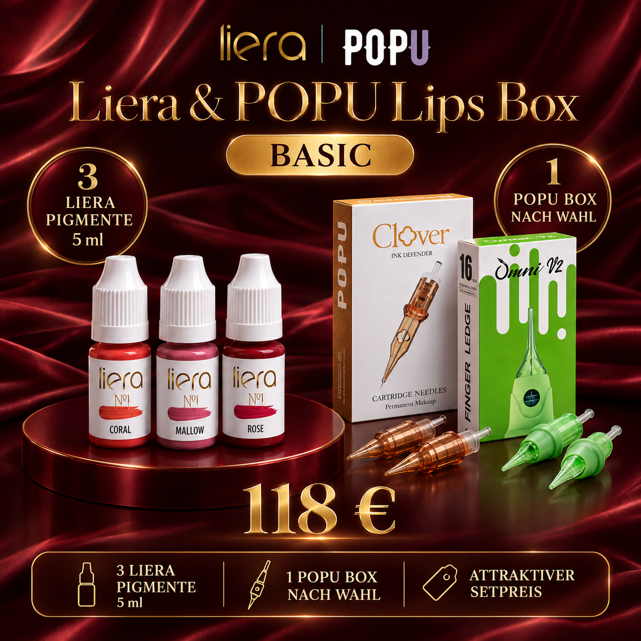Liera POPU Lips Box Basic – 3 Lippenpigmente à 5 ml und eine frei wählbare POPU Cartridge-Packung