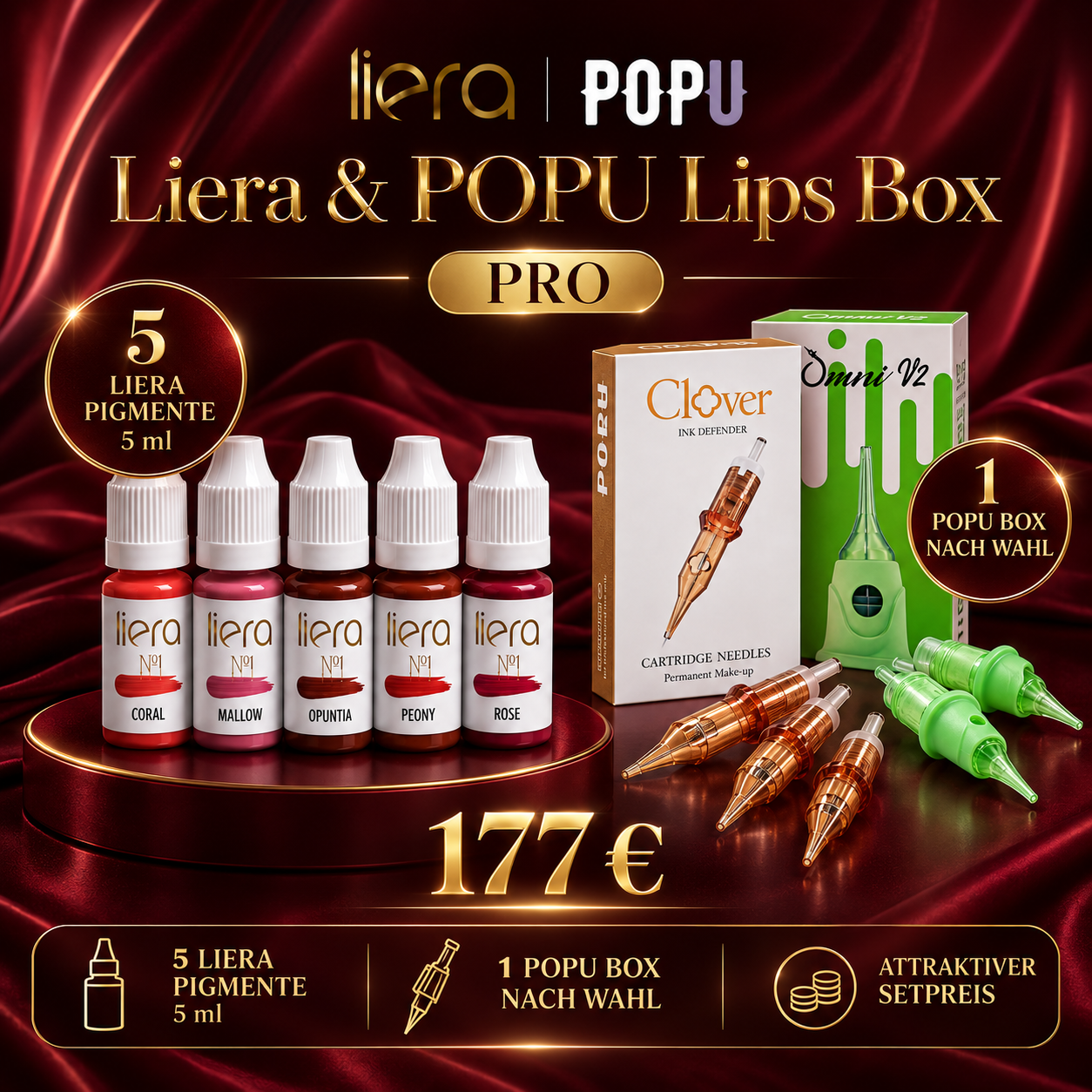 Liera POPU Lips Box Pro – 5 Lippenpigmente à 5 ml und eine frei wählbare POPU Cartridge-Packung