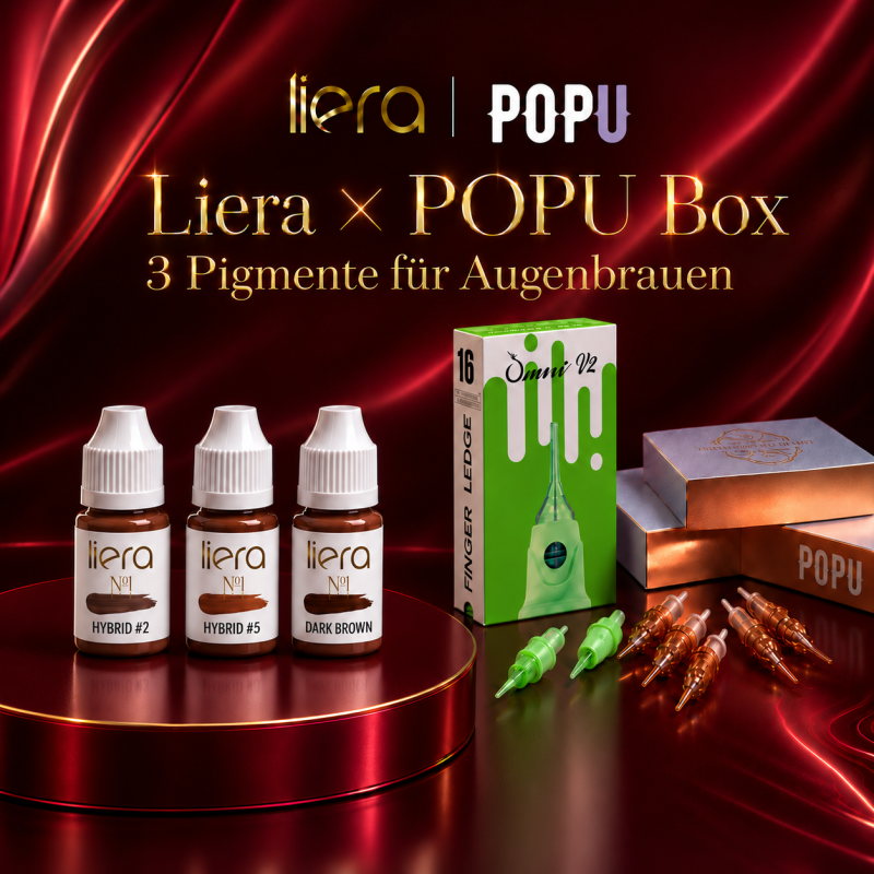 Liera × POPU Brows Box Basic mit 3 Augenbrauenpigmenten à 5 ml und einer Packung PMU-Nadelmodule