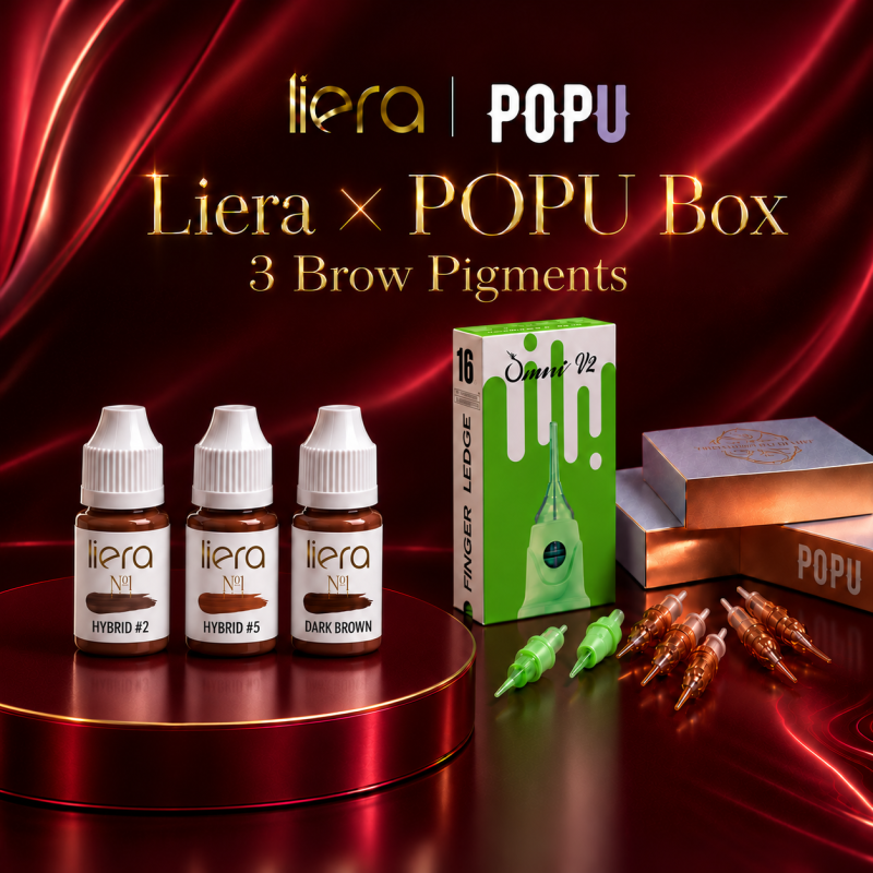 Liera POPU Brows Box Basic with 3 eyebrow pigments and a full box of PMU cartridges