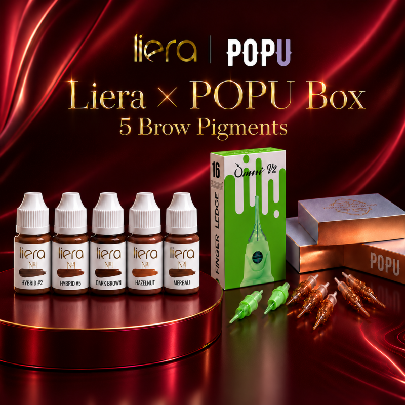 Professional Liera POPU Brows Box Pro containing 5 eyebrow pigments and POPU needle cartridges